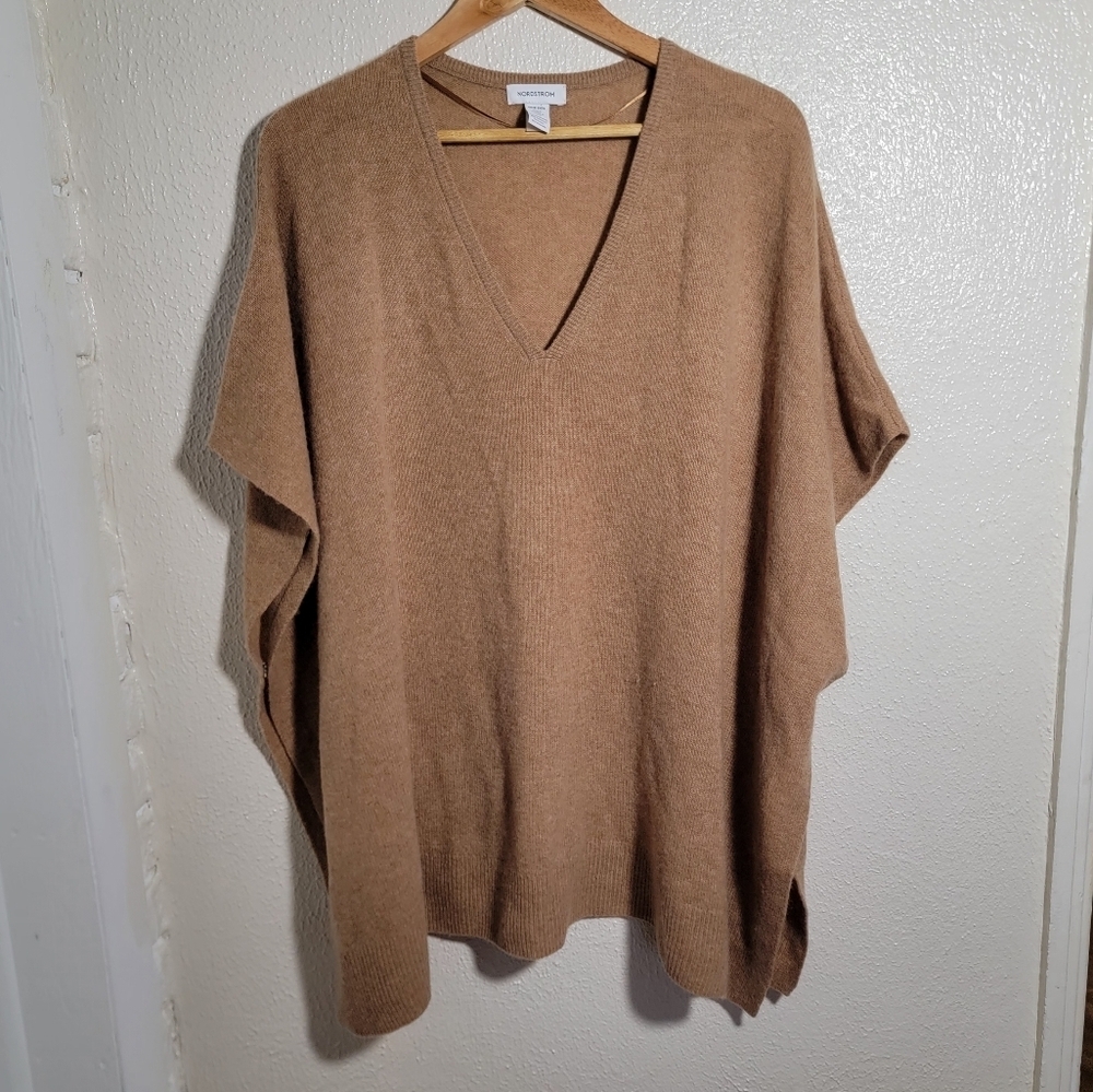 Nordstrom Cashmere Wool Poncho Cape Tunic sz OS Camel Brown Quiet Luxury Luxe
